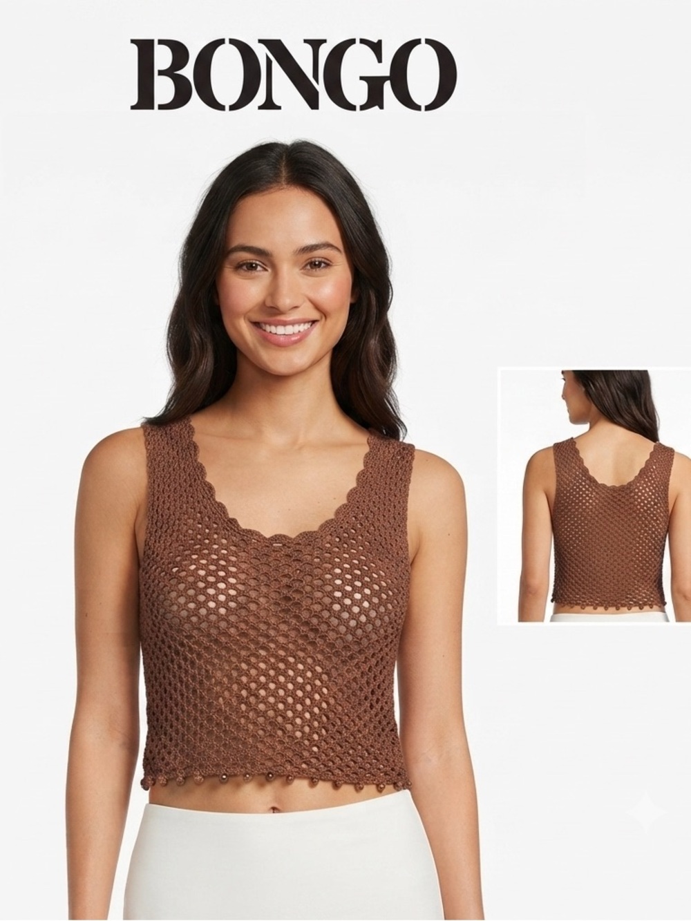 Bongo Brown Crocheted Open Knit Crop Tank Top Small